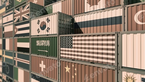 Preview: Container Terminal - Freight container with different national flag designs.