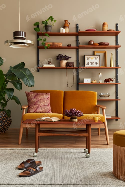 Preview: Stylish interior of living room with honey yellow sofa