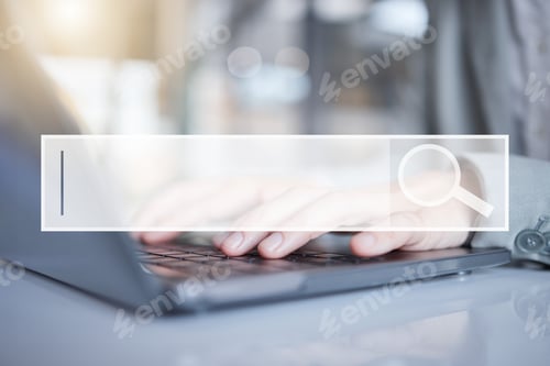 Preview: Hands, laptop and search bar for research, question or query on information, data or knowledge at t