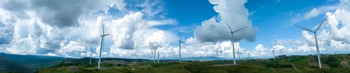 Preview: Wind Turbines Windmill Energy Farm, Windmill on blue sky puffy clouds Alternative energy sources. Re