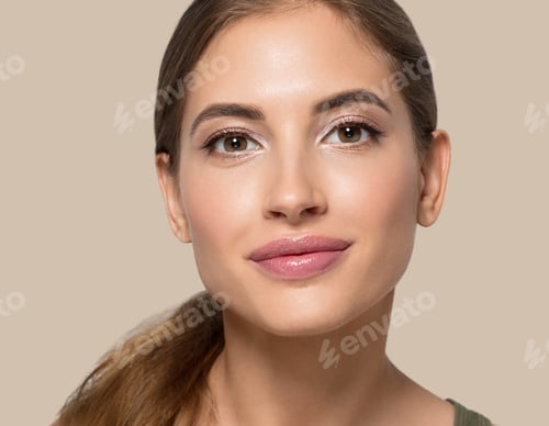 Preview: Beauty face woman healthy clean skin natural make up cosmetic concept. Color background. Brown