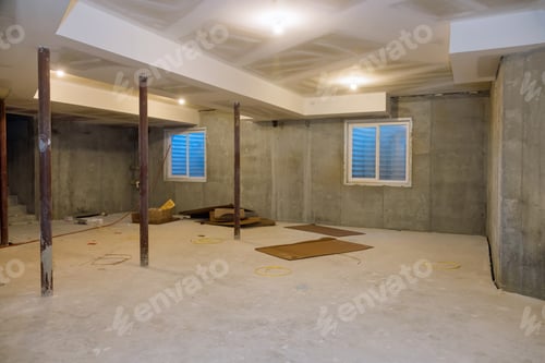 Preview: Empty under construction view on concrete floor construction of basement of home