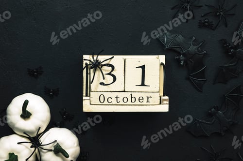 Preview: Happy Halloween black background with perpetual calendar, bats, spiders with copy space