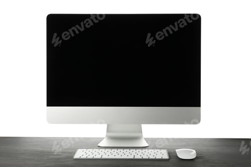 Vista previa: Computer, keyboard and mouse on wooden table isolated on white background