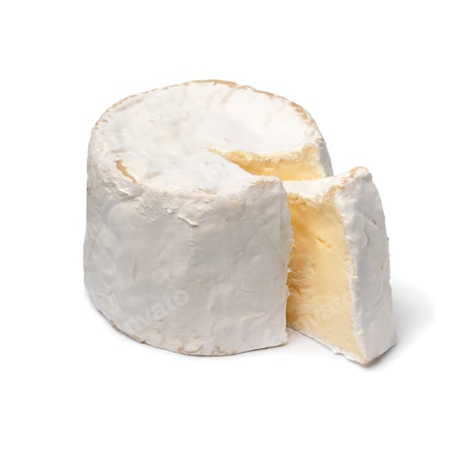 Preview: Single French Chaource cheese and a piece isolated on white background