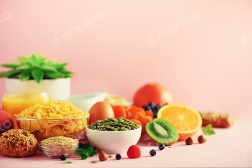 Preview: Breakfast served with soft boiled egg, oat flakes, nuts, fruits, berries, milk, yogurt, orange