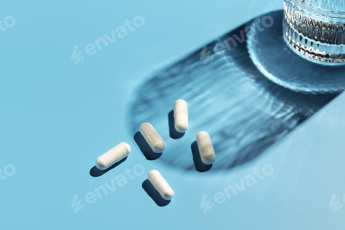 Preview: White capsules with vitamins or a dietary supplement on a blue background. Medicine, medicines