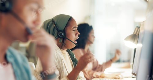 Preview: Call center woman, yawn and tired at computer, office or fatigue with team, customer service pr tel