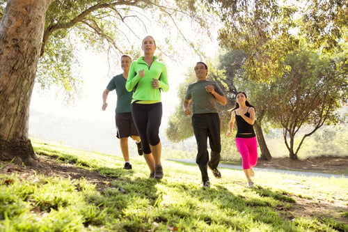 Preview: Four mature men and women running in park