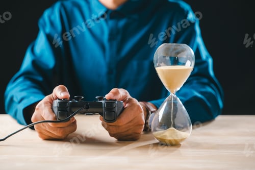 Preview: Gamer with joystick controller plays video game, hourglass shows sand time for gaming console
