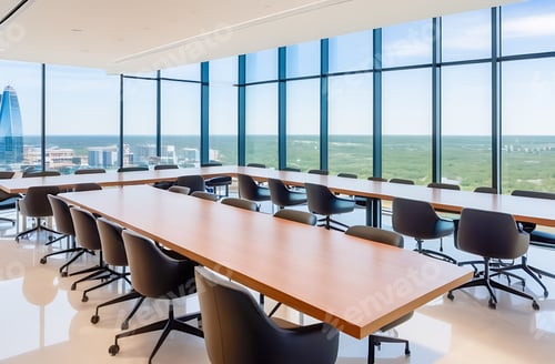 Preview: The interior of a modern empty office building with tables and chairs. Floor-to-ceiling windows