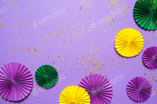 Preview: Mardi gras.Holidays mardi gras masquarade, venetian mask fan over purple background. view above,ma