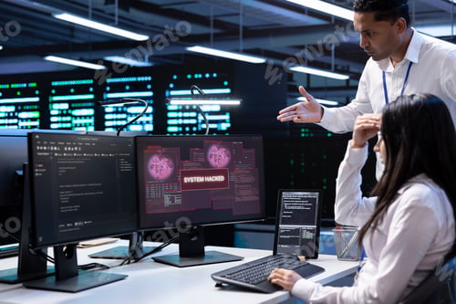 Preview: Computer scientist in server hub asking coworker for help against cyberattack