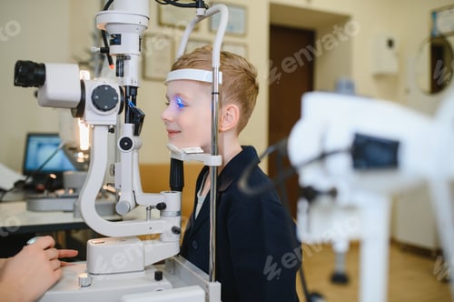 Preview: Child undergoing eyesight examination with ophthalmological equipment in clinic