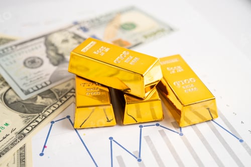 Preview: Gold bar on graph with EU banknote, economy finance exchange trade investment.