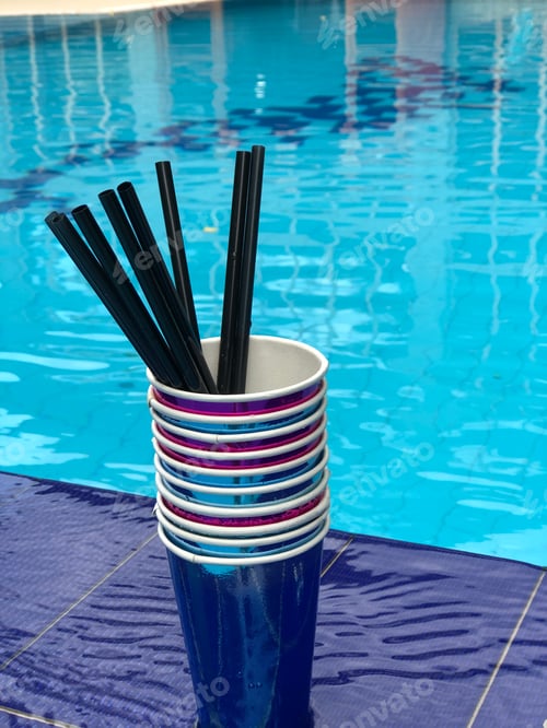 Preview: Beach background with many cocktails cups near swimming pool,Albania