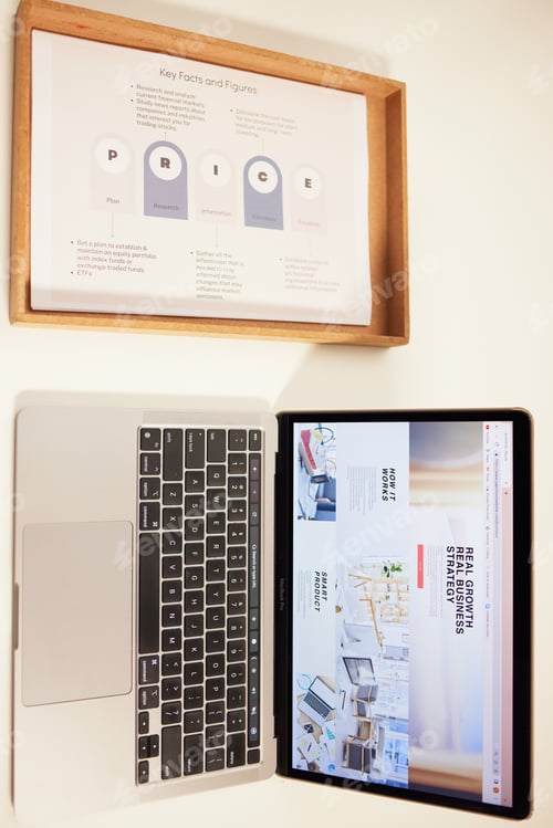 Preview: Laptop, strategy guide and steps for planning on a desk in an office from above for business succes