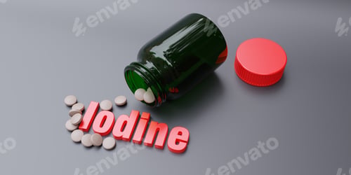 Preview: Iodine pill and bottle on grey color. Potassium iodide tablet for nuclear protection. 3d render