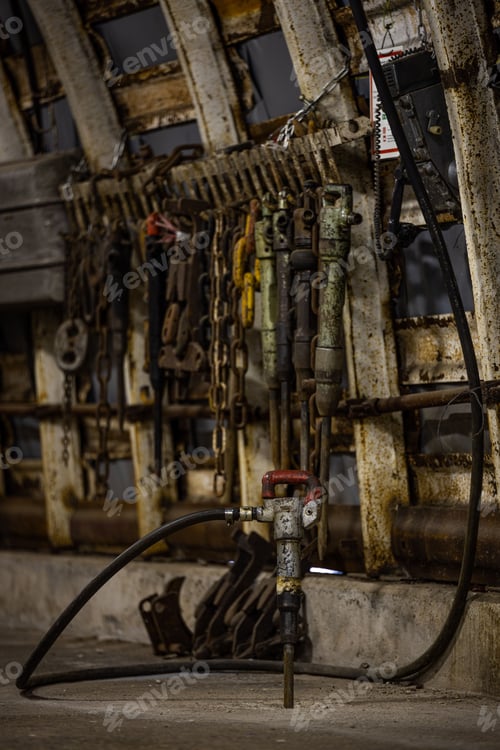 Preview: Vertical shot of old mining equipments in the factory