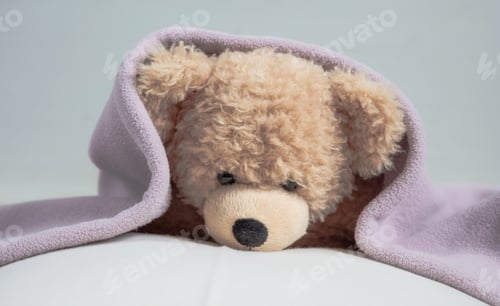 Preview: Cute teddy laying on bed mattress covered with a towel