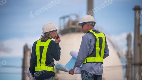 Preview: Engineers wearing safety gear, including hard hats examining survey a large blueprint tablet standin