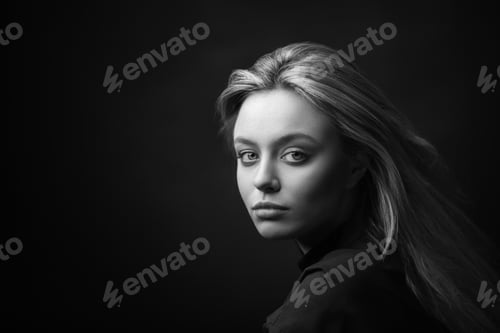 Preview: Dramatic studio portrait of beautiful young woman on dark background