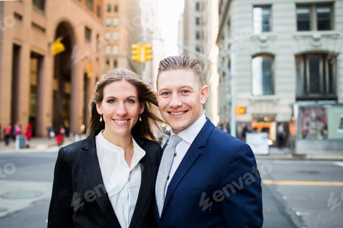 Preview: Portrait of smiling businessman and woman standing on city street