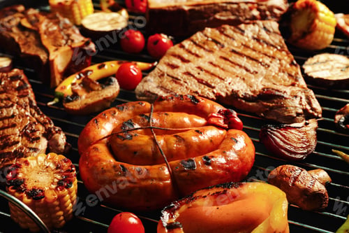 Vista previa: Fresh grilled meat steaks, sausage and vegetables on barbecue grate, closeup