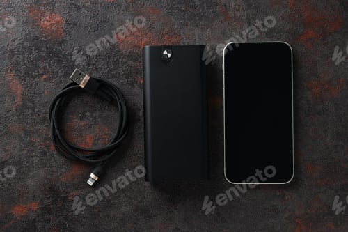 Preview: Powerbank, cord and smartphone on dark gray background, top view