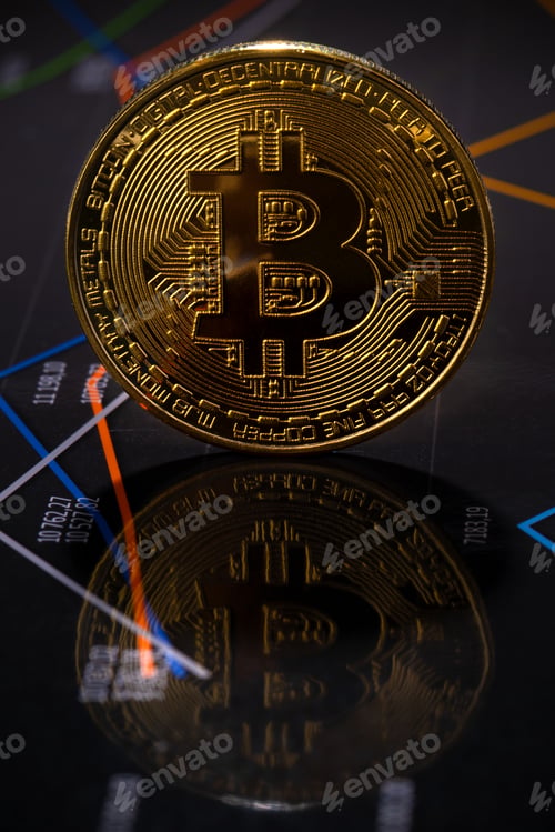 Preview: Closeup Of Gold Bitcoin Crypto Currency Coin Over Value Graph