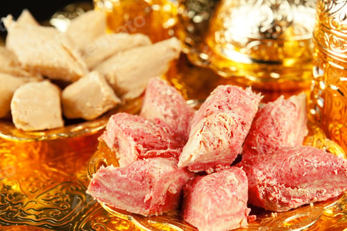 Preview: Traditional Turkish coffee and Turkish delight. Creative photo