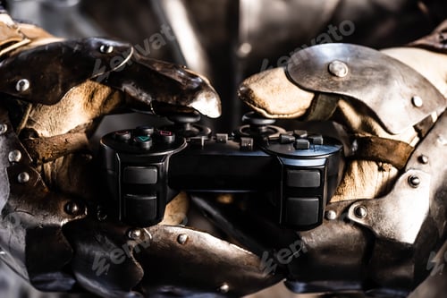 Preview: KYIV, UKRAINE - OCTOBER 9, 2019: cropped view of knight in armor holding joystick