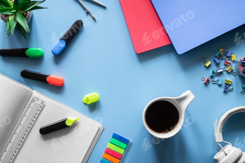 Preview: Flat lay with stationery items, pupil and student workplace concept.