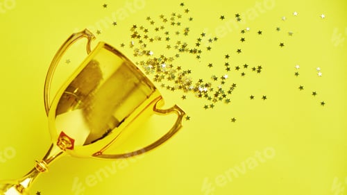 Preview: Champion gold cup trophy on yellow background. minimalism style