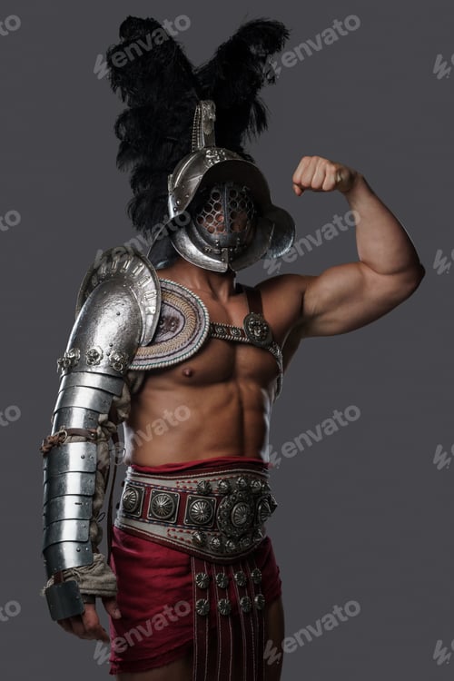 Preview: Strong roman gladiator dressed in light armor and plumed helmet