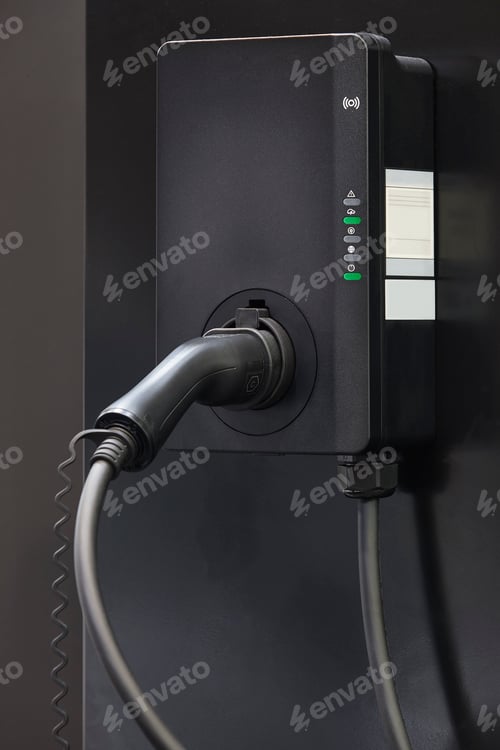 Preview: Electric vehicle charger in black tone. Power station. Green energy