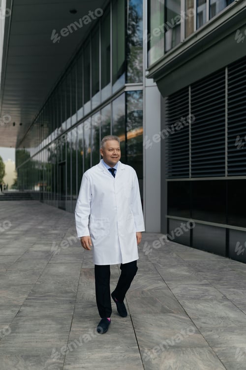 Preview: Portrait of a mature male doctor in a white coat standing against urban city background