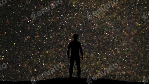 Preview: The man stands on a beautiful starry sky background.