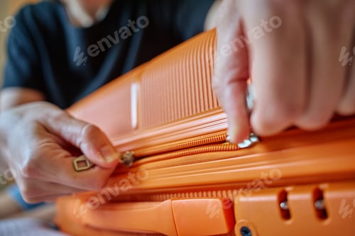 Preview: Close-up of hands zipping orange suitcase before trip