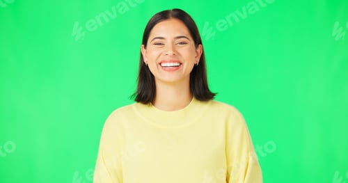 Preview: Happy, laughing and the face of a woman on a green screen isolated on a studio background. Smile, b
