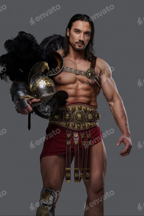 Preview: Gladiator with a stylish beard wears lightweight intricate armor