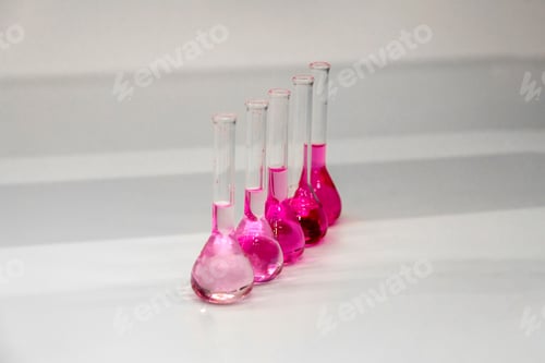 Preview: Composition of laboratory material with colored liquids in realistic glass pots
