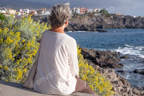 Preview: Rear view of a senior caucasian woman on vacation or retired sitting in front of the sea admiring th