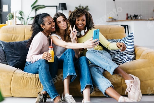 Preview: Cheerful diverse female friends enjoying time together taking selfie with phone