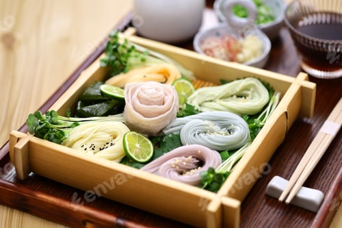 Preview: Japanese thin noodles made of wheat, called somen. Chilled summer food. with pork shabu shabu.