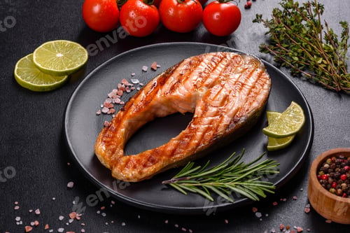 Preview: Fresh cooked delicious salmon steak with spices and herbs baked on a grill