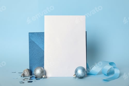 Preview: Blank greeting card, envelope and Christmas balls on light blue background, space for text