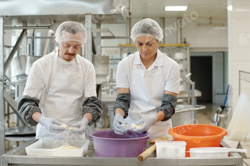 Preview: Caucasian Man and Hispanic Woman Preparing Cheese in Factory