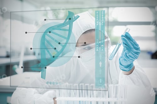 Preview: Chemist Working Cautiously With Blue Liquid And Futuristic Interface Showing Dna Diagram