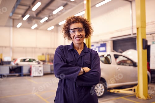 Preview: Portrait Of Female Tutor With Safety Glasses Teaching Auto Mechanic Apprenticeship At College